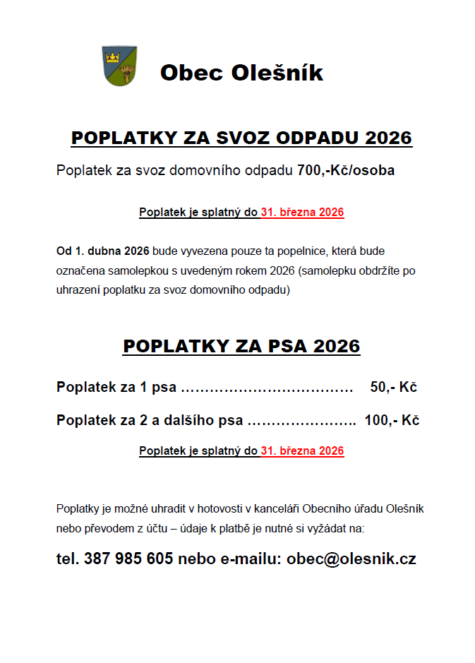 Poplatky - odpad, pes 2026