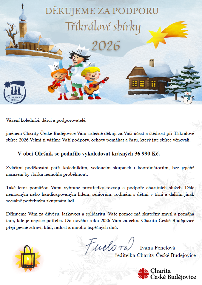 Tříkrálová sbírka - poděkování 